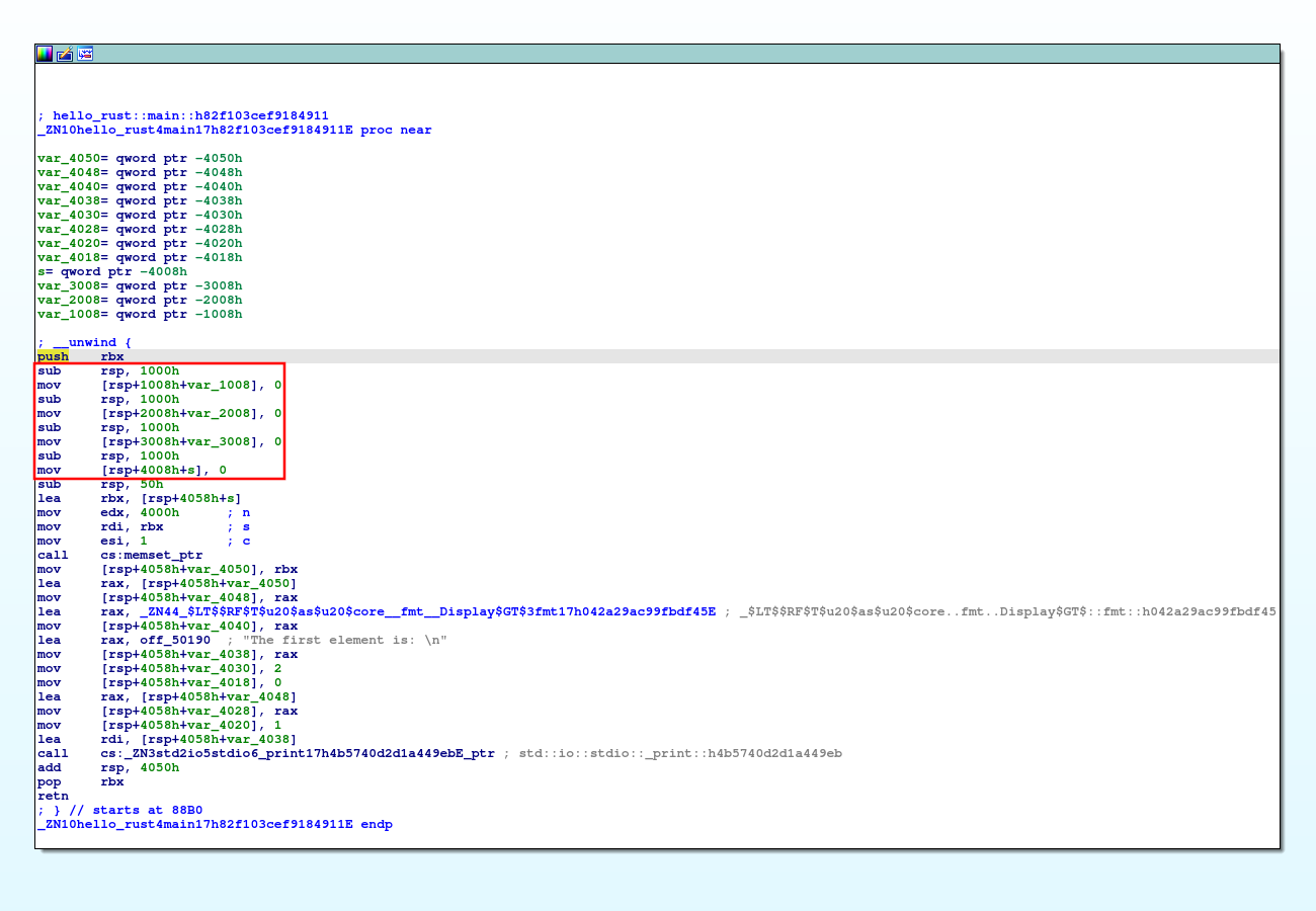 Screenshot of IDA Pro listing the “unrolled loop” stack probe variant in modified hello-rust.